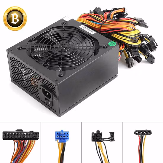 Alimentatore ATX da 1600 W per impianto di perforazione a 6 GPU Ethereum Bitcoin Mining 80 Plus Gold Ventola di raffreddamento da 140 mm con cavo adattatore con spina US da 150 cm